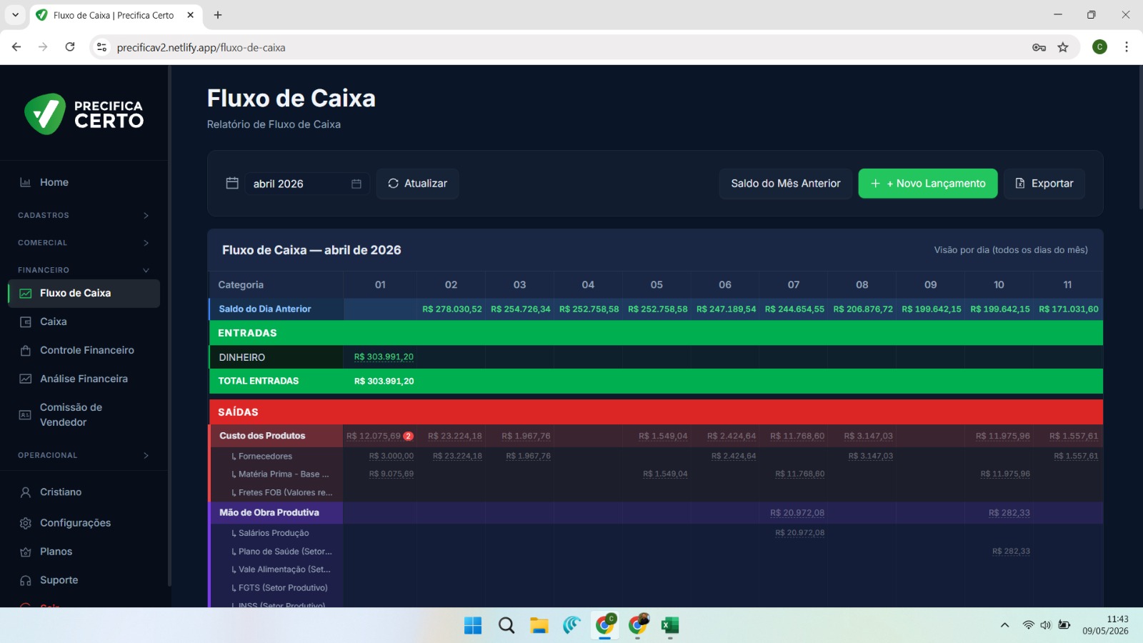 Fluxo de Caixa diário